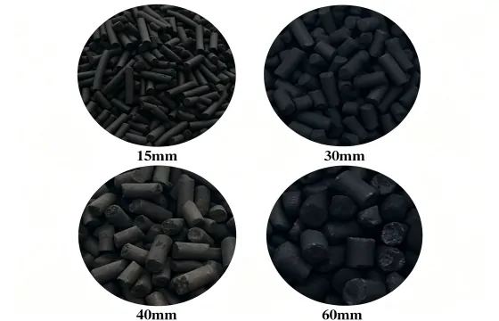 展示四种规格（15mm、30mm、40mm、60mm）的黑色柱状活性炭，分别置于圆形区域内对比外观尺寸