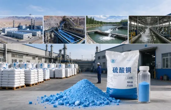 前景摆放蓝色五水硫酸铜晶体样品与 25kg 包装原料，工人现场巡检；硫酸铜可应用于矿山选矿、环保水处理、饲料添加剂、林果种植领域。