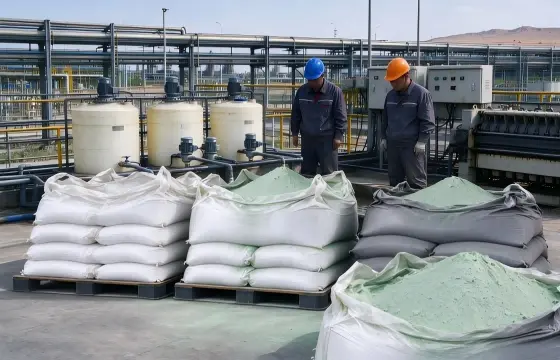 仓库内托盘整齐码放袋装硫酸亚铁，包装袋堆放规整，库房干燥通风。该药剂可应用于煤化工废水、市政污水除磷脱色、矿山选矿尾水净化、电镀含铬重金属废水处理，还可用于农业土壤改良补铁。