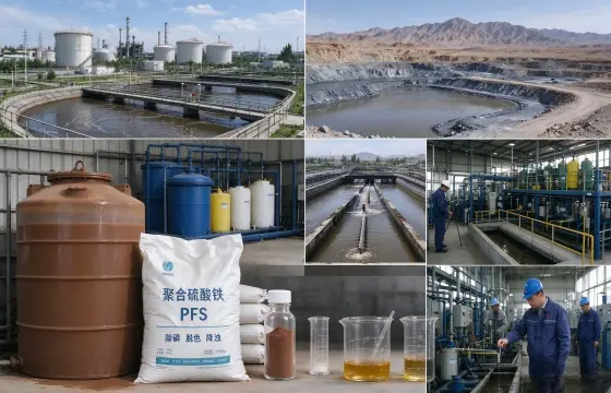 工业园区摆放液体、固体聚合硫酸铁（PFS）药剂样品与袋装原料，工作人员现场查看水样；聚合硫酸铁可用于市政污水、矿山尾矿废水、煤化工废水、景观水体治理等环保水处理项目。